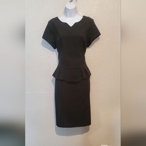 MikaRose Black Peplum Sheath Midi Pencil Dress Short Sleeve V Neck Size Medium